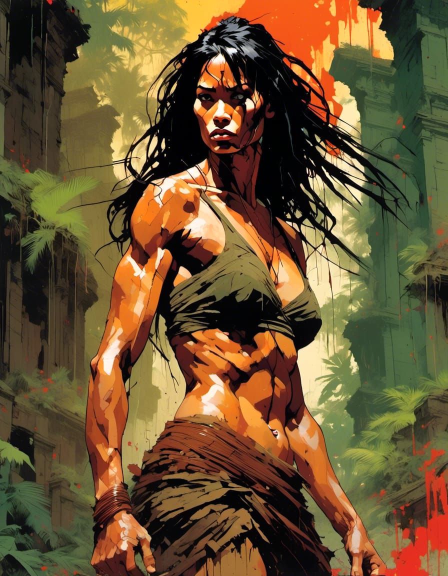 Muscular Tarzan Woman in Obsidian Temple, Collage