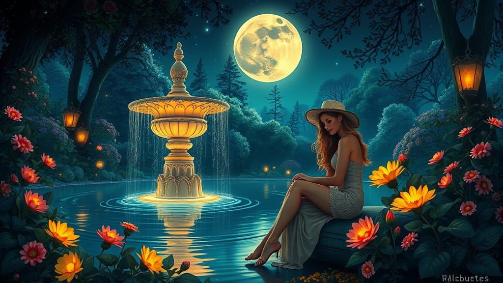Moonlit Garden Fountain in Art Nouveau Style