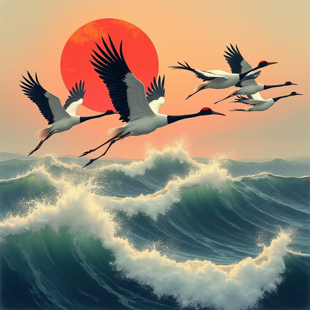 Red-Crowned Cranes Soar Over Ocean at Sunset in Painterly St...