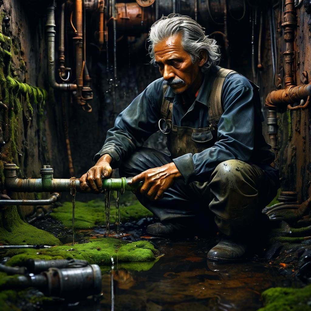 Dark Gray-Hair Sewer Worker Amidst Mysterious Waterscapes