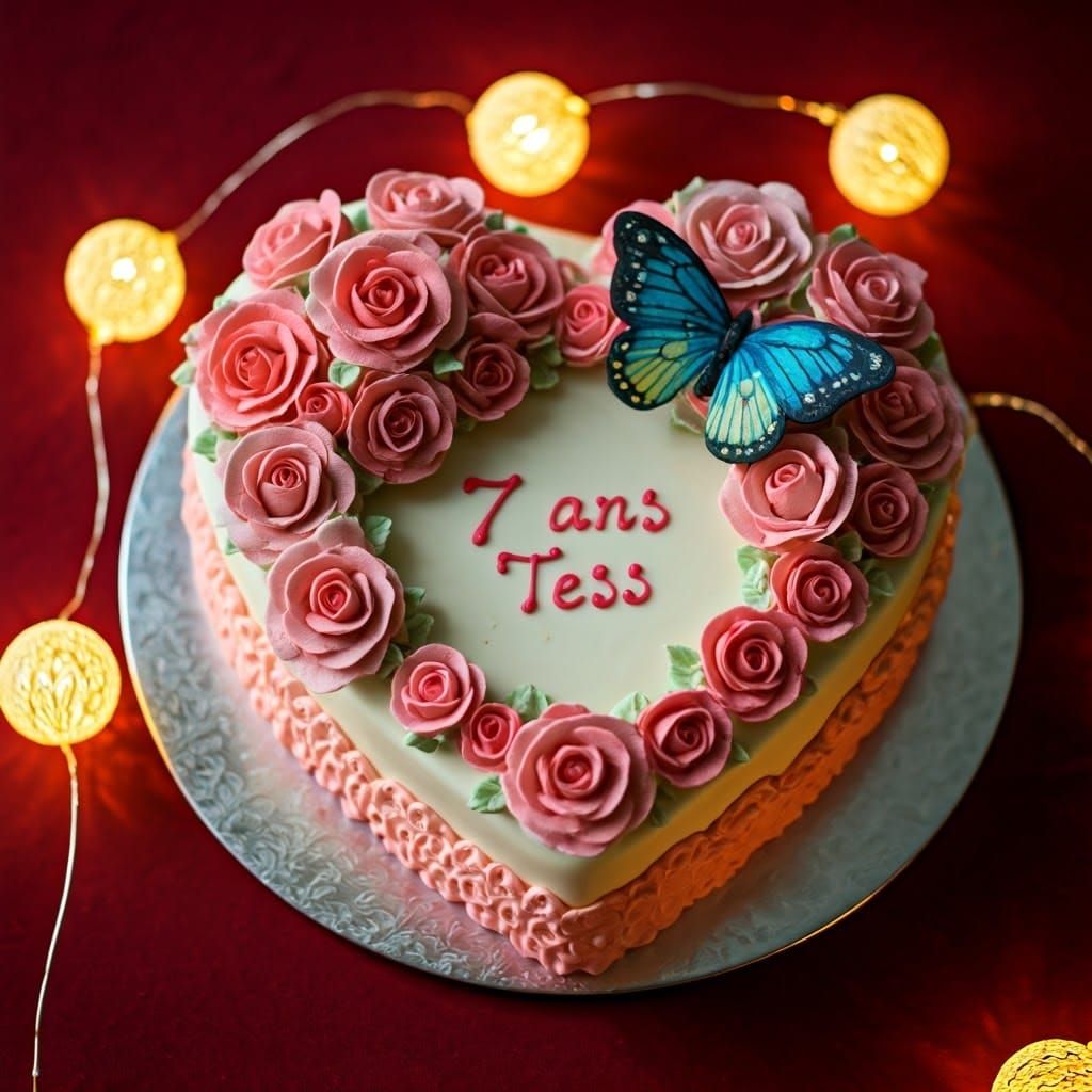 Vibrant Birthday Cake with Heart Shape and Butterfly