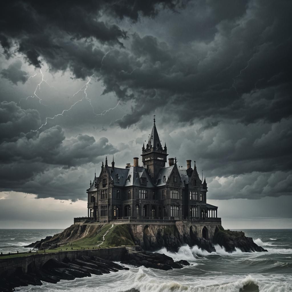 Gothic Mansion Overlooking Stormy Sea