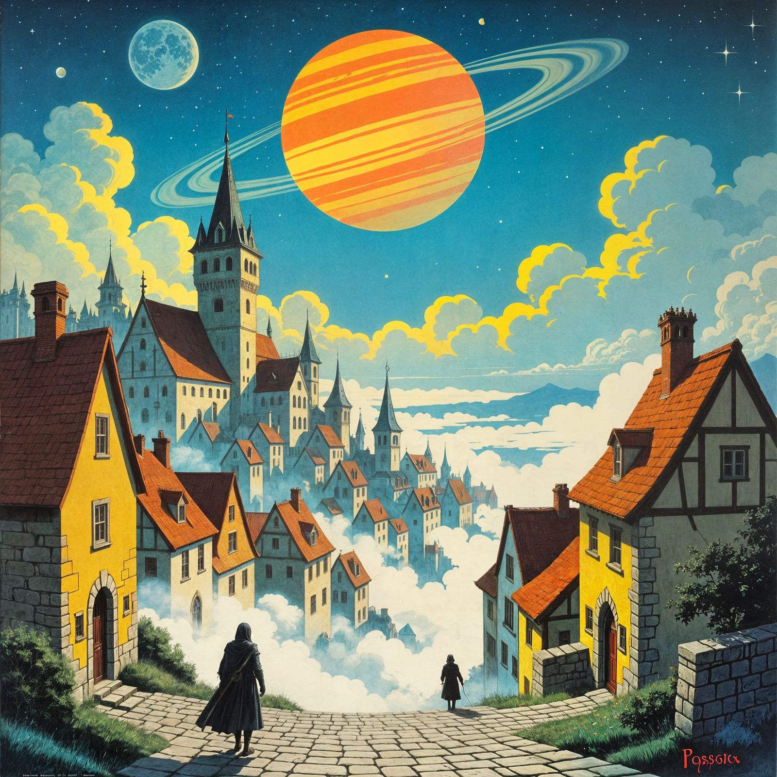 Fantasy Town Under Foggy Skies with Giant Planet