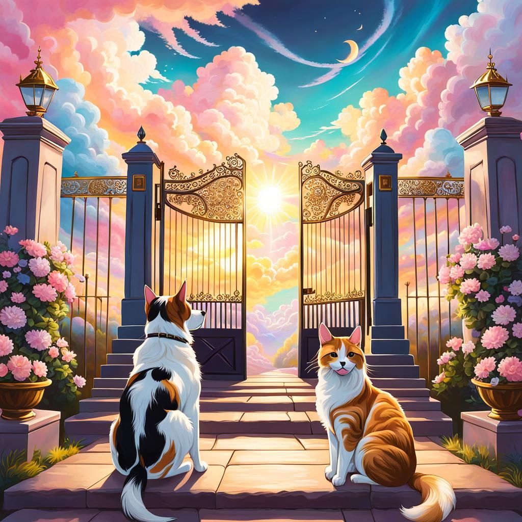 Dog and cat waiting at heaven’s gate for their people