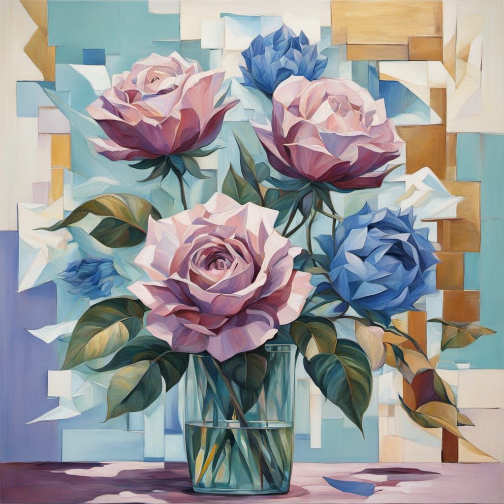 Surreal Cubist Painting of a Giant Rose in Abstract Landscap...
