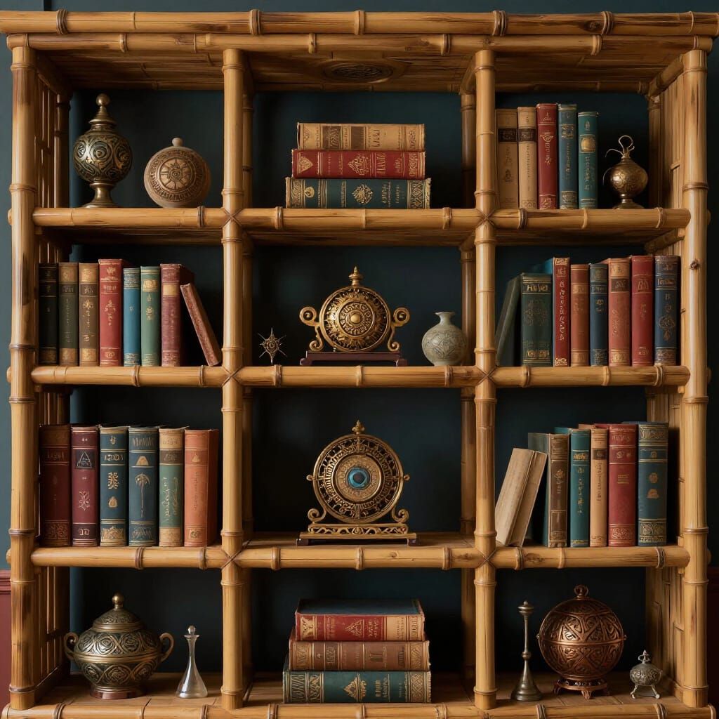 Intricate Bamboo Bookshelves with Ancient Tomes