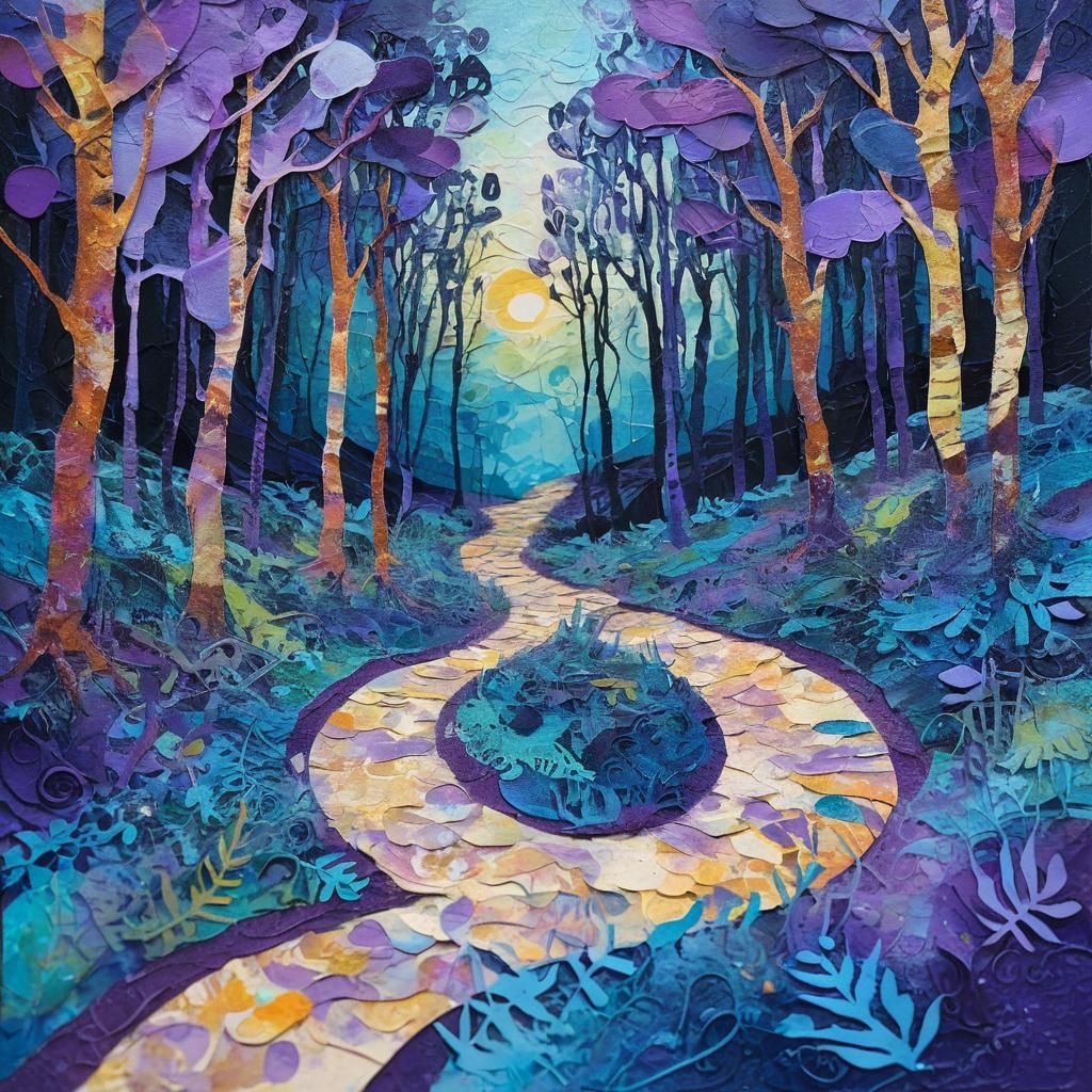 Magical Forest Path: Layered Collage & Textured Art