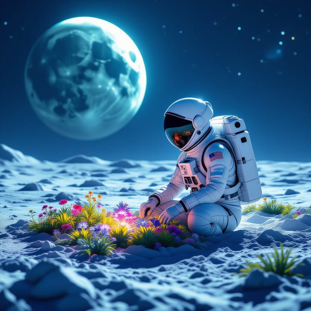 Astronaut Tends Glowing Garden on Moon, Earth Glow