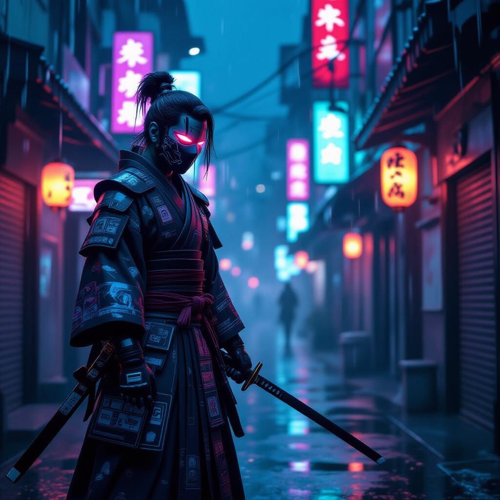 Cyberpunk Samurai Stands Guard in Neon Alley