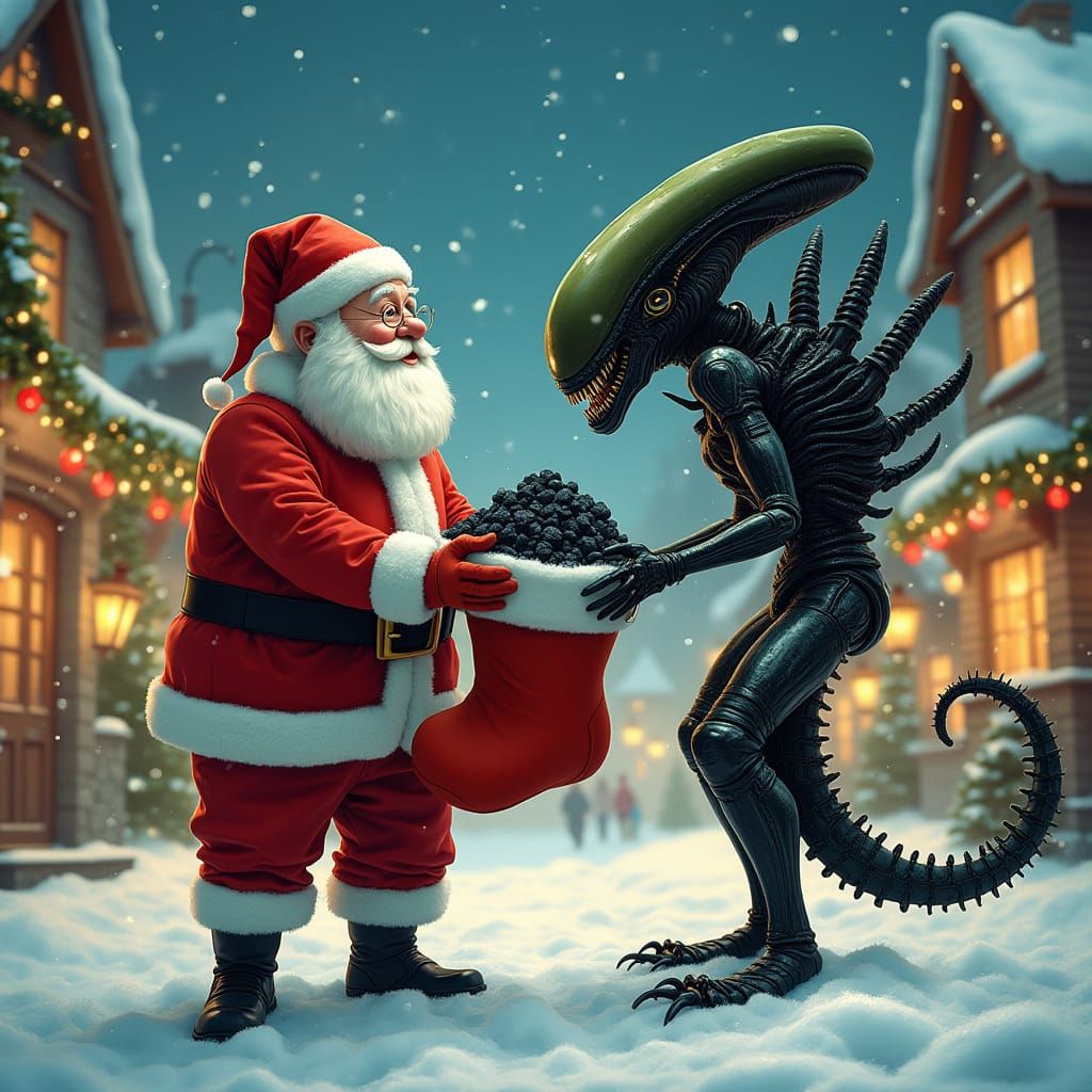 Santa Claus Gifts Coal Stocking to Xenomorph in Whimsical Vi...