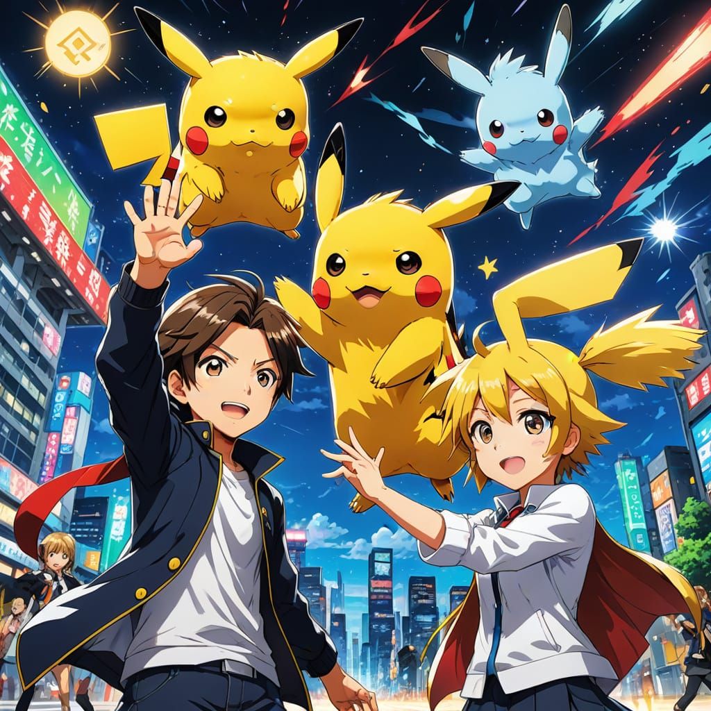 Ash and Pikachu High Five in Anime Style