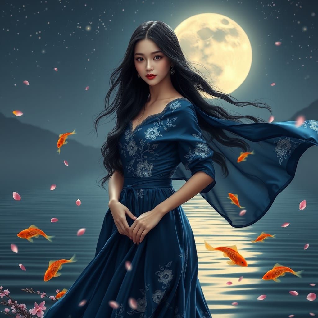 Moonlit Asian Woman in Silk Gown