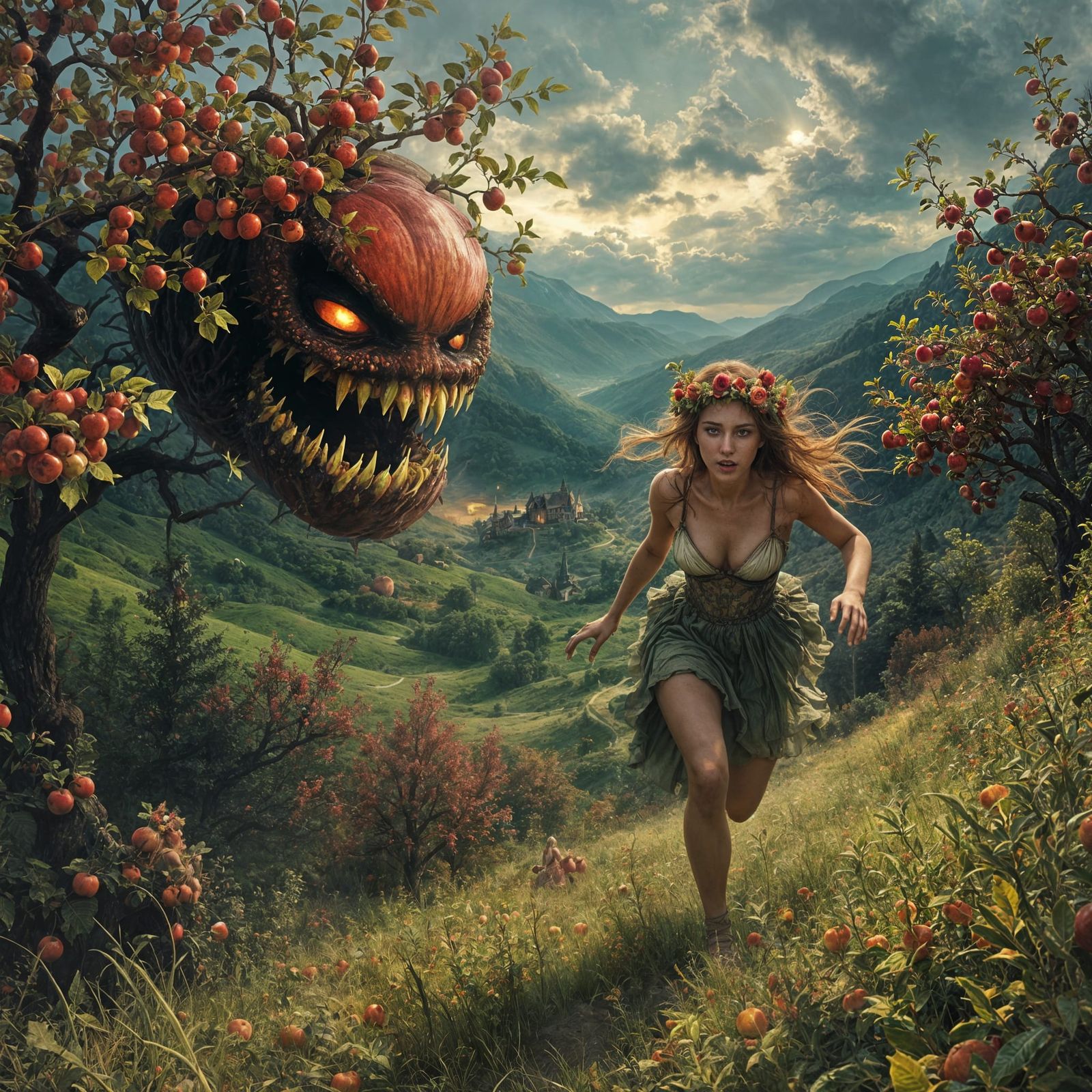 Dark Fantasy Maiden Chased by Monstrous Apple in Autumn Vall...