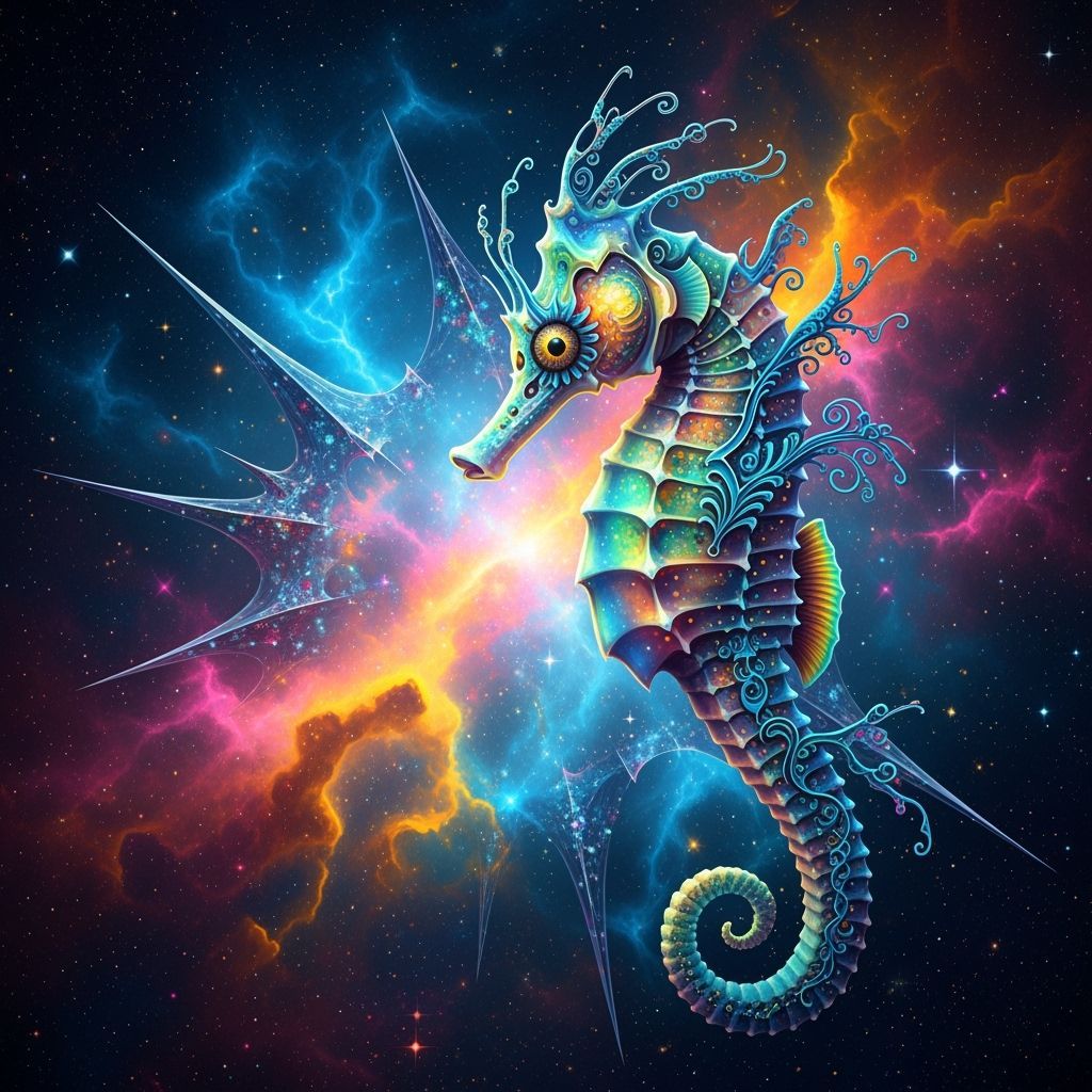 Cosmic Seahorse Shimmers Through Nebula in Digital Painting