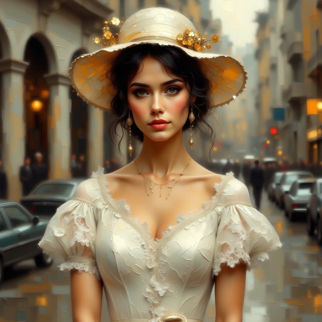 Elegant Lady in Lace Dress and Hat