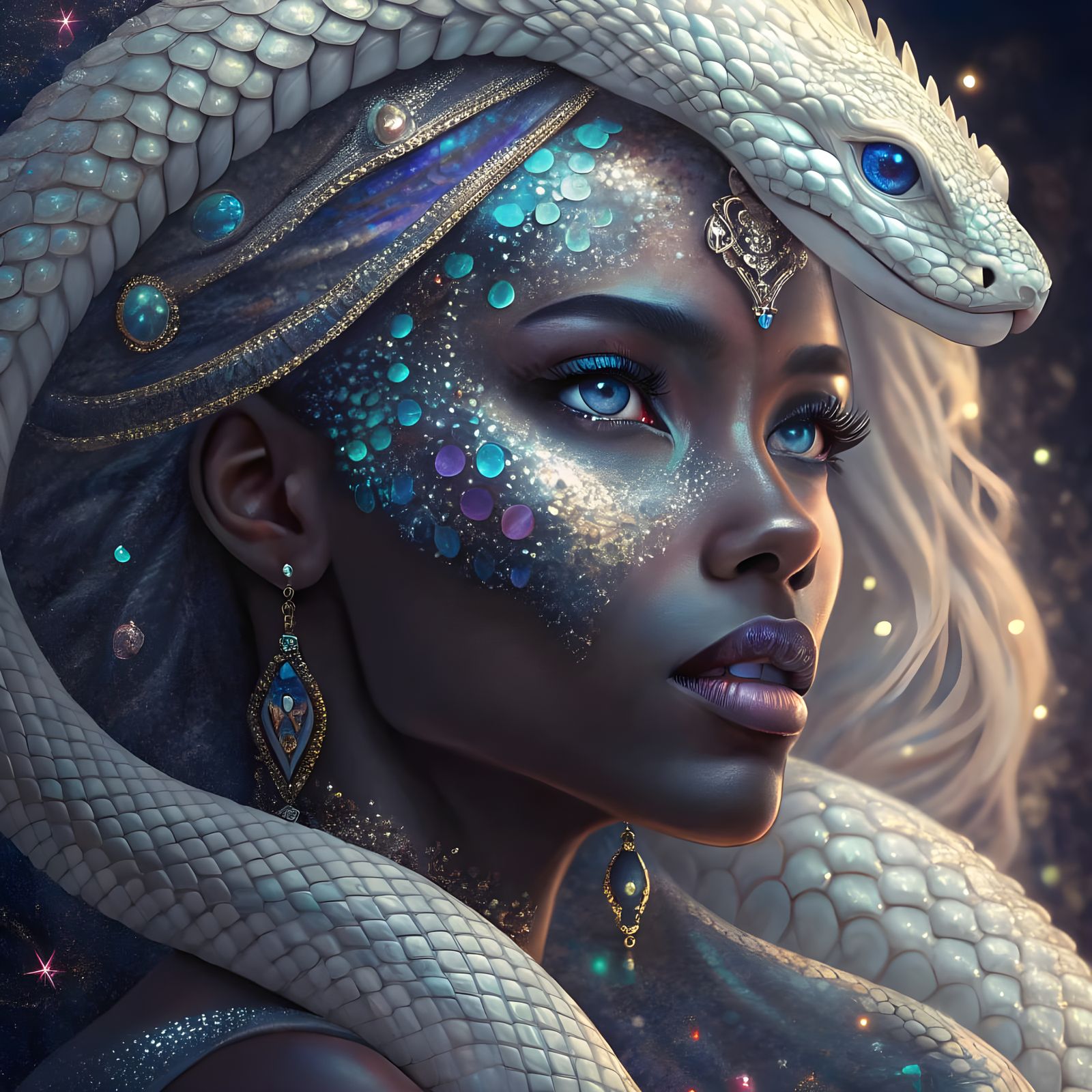 Crystal-Encrusted Utopian Goddess with Majestic White Snake