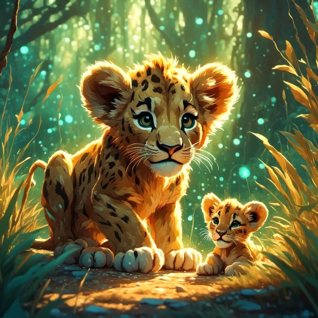 Lion Cub and Tiger Cub in Sunny Savannah