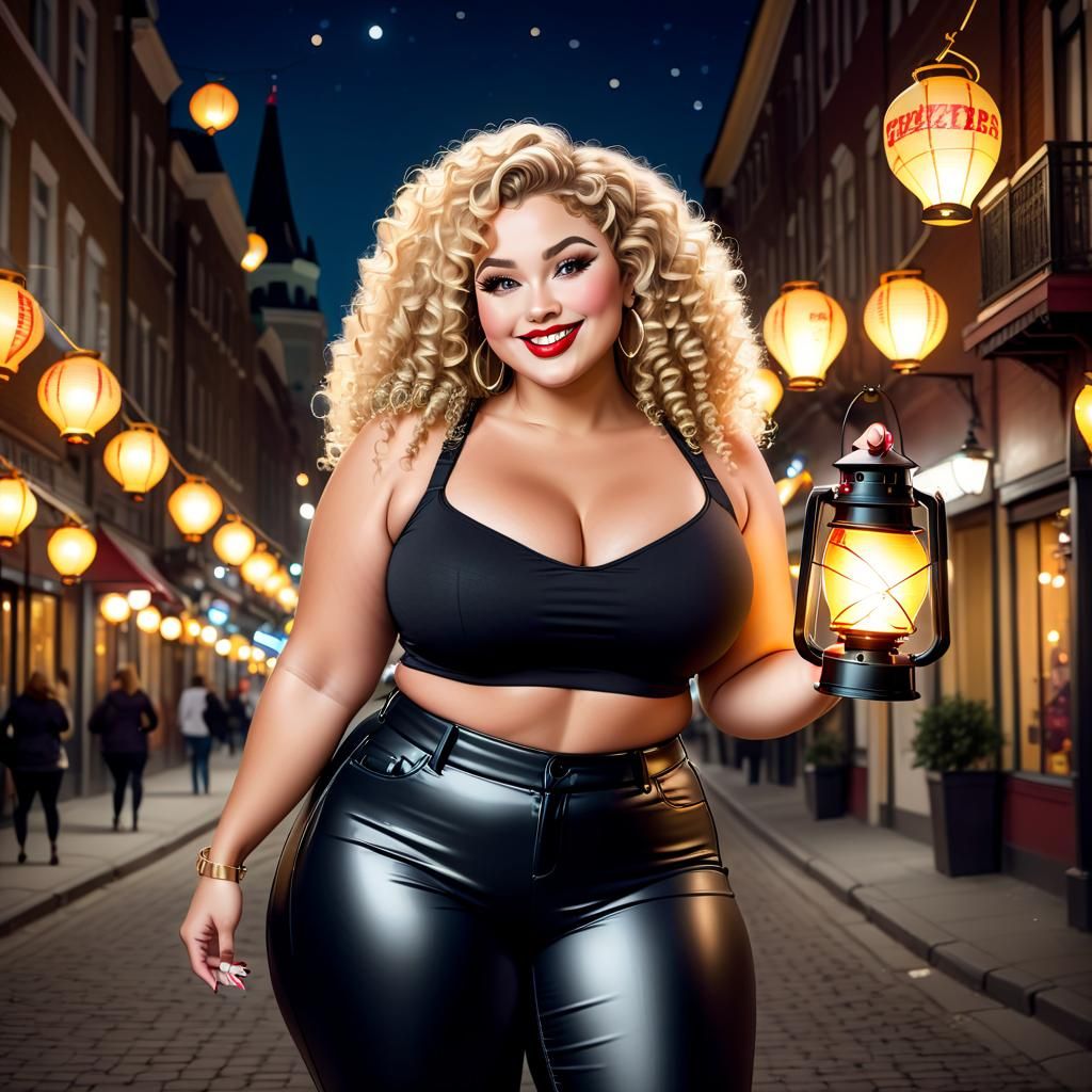 Curvy Woman with Lanterns on City Street