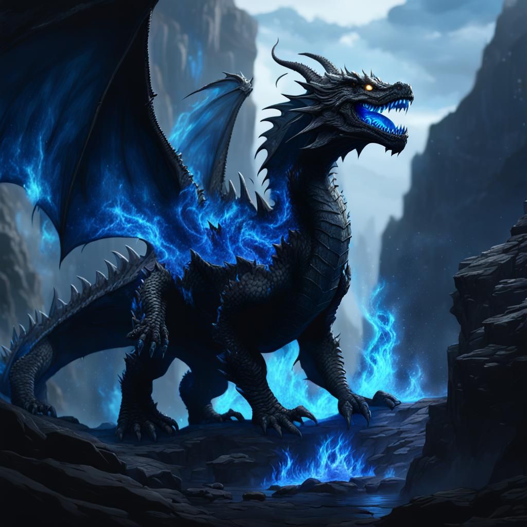 Black Dragon Emerges with Blue Flames