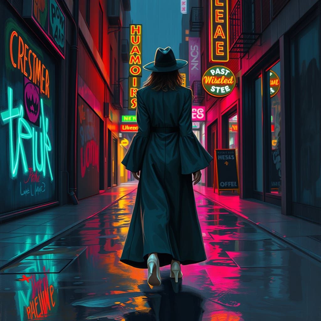 Mysterious Woman in a Rain-Soaked Alleyway, Inspired by Cybe...