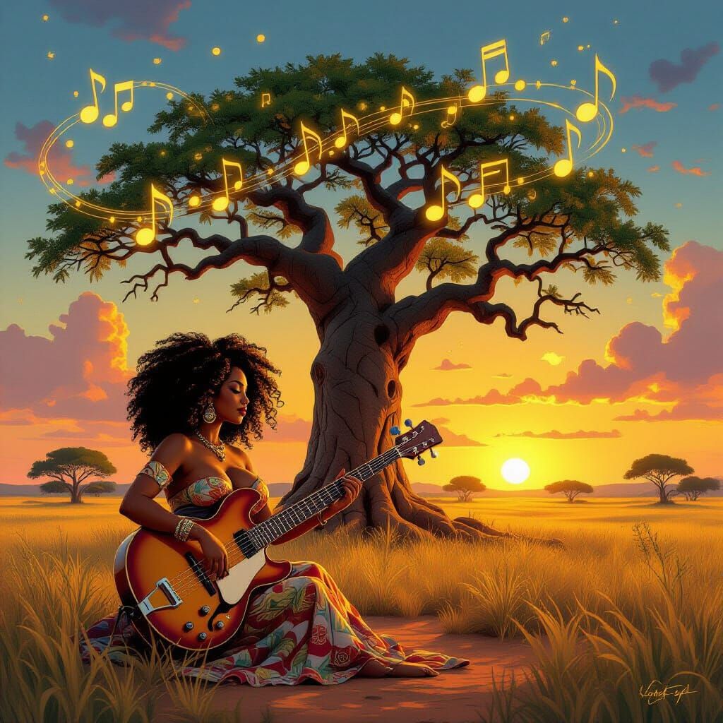 Afro-Latina Plays Bass Guitar by Ancient Baobab Tree at Dusk