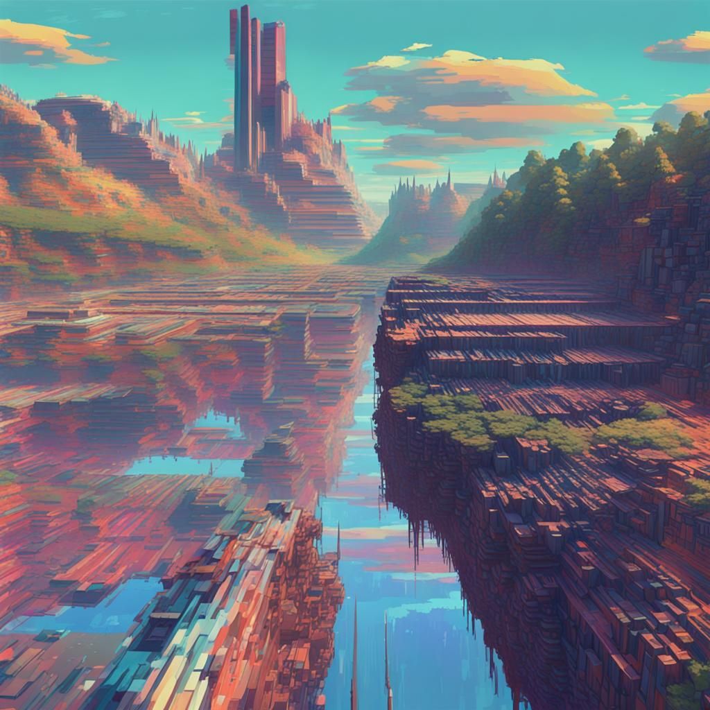 Detailed Scenic Glitch Art Composition