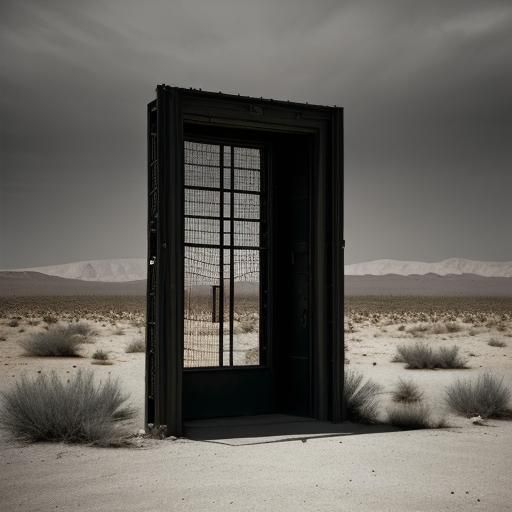 Surreal Door in Desert Landscape with Ominous Shadows