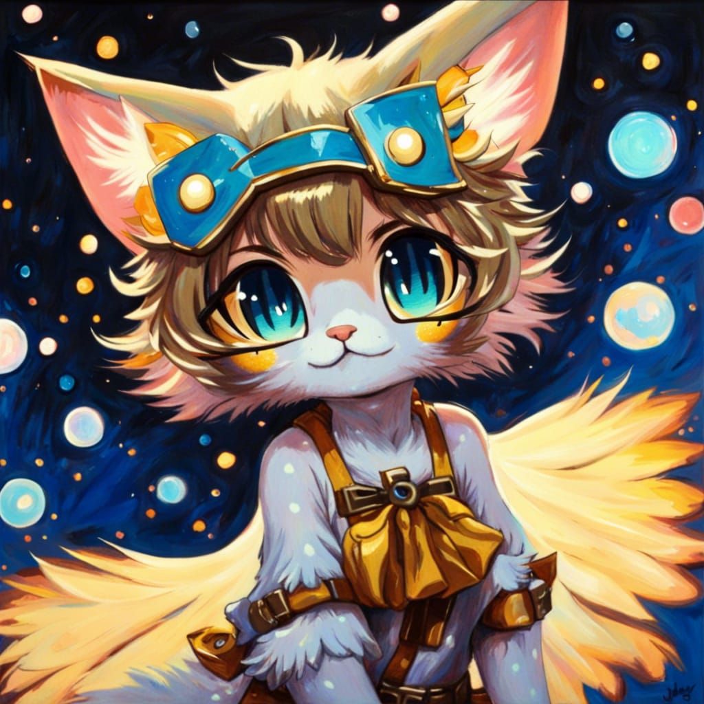 Anime Cat Girl with Wings in Van Gogh Style
