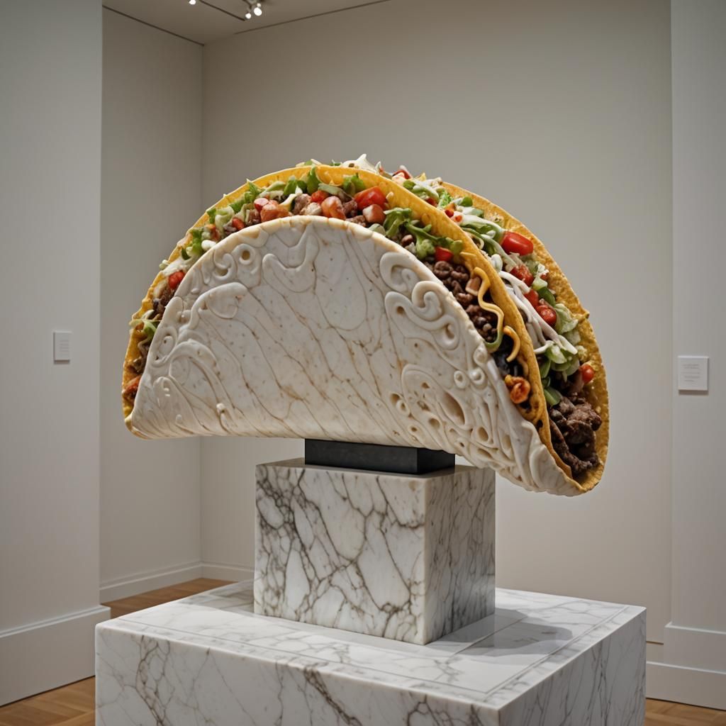 marble sculpture of a taco on a pedestal in a fancy art gallery