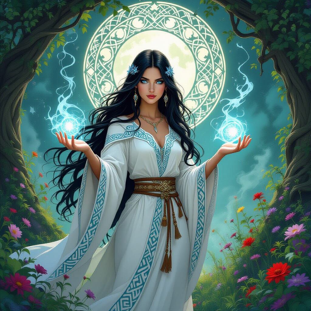 Mysterious Sorceress Casting Spell in Art Nouveau Style