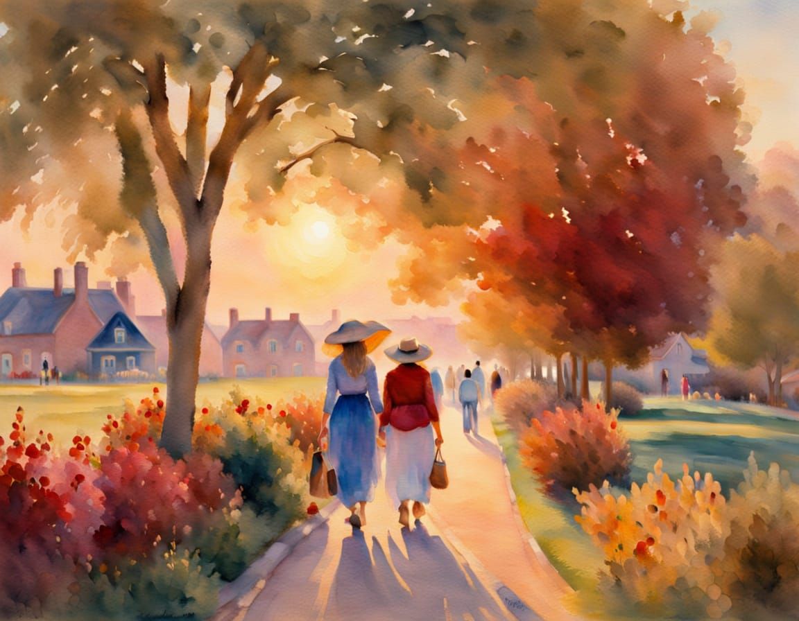 Impressionist Hampton Village in Watercolor Style