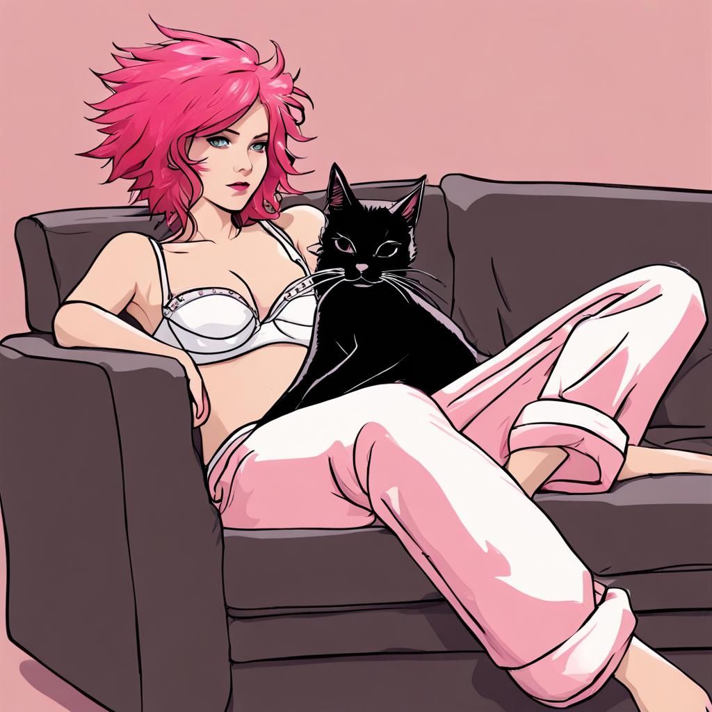 Mystical Punk Girl Lounging with Black Cat