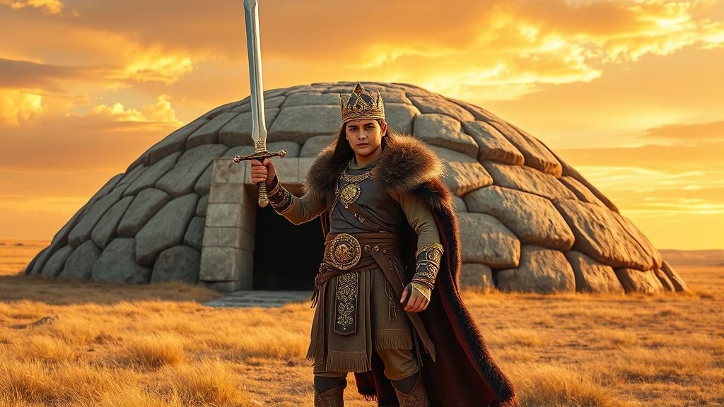Regal Tegin with Sword Before Ancient Kurgan Tomb