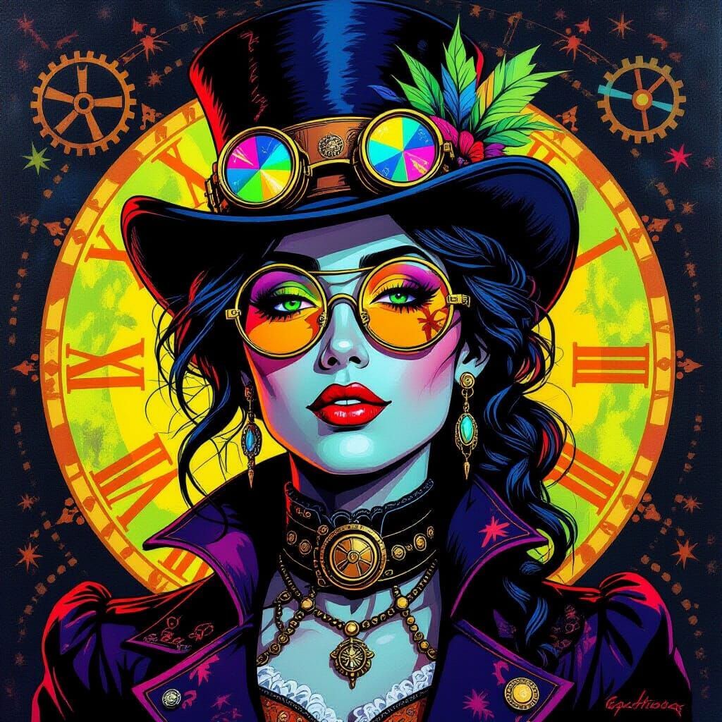 Steampunk Woman Portrait in Blacklight Acrylics
