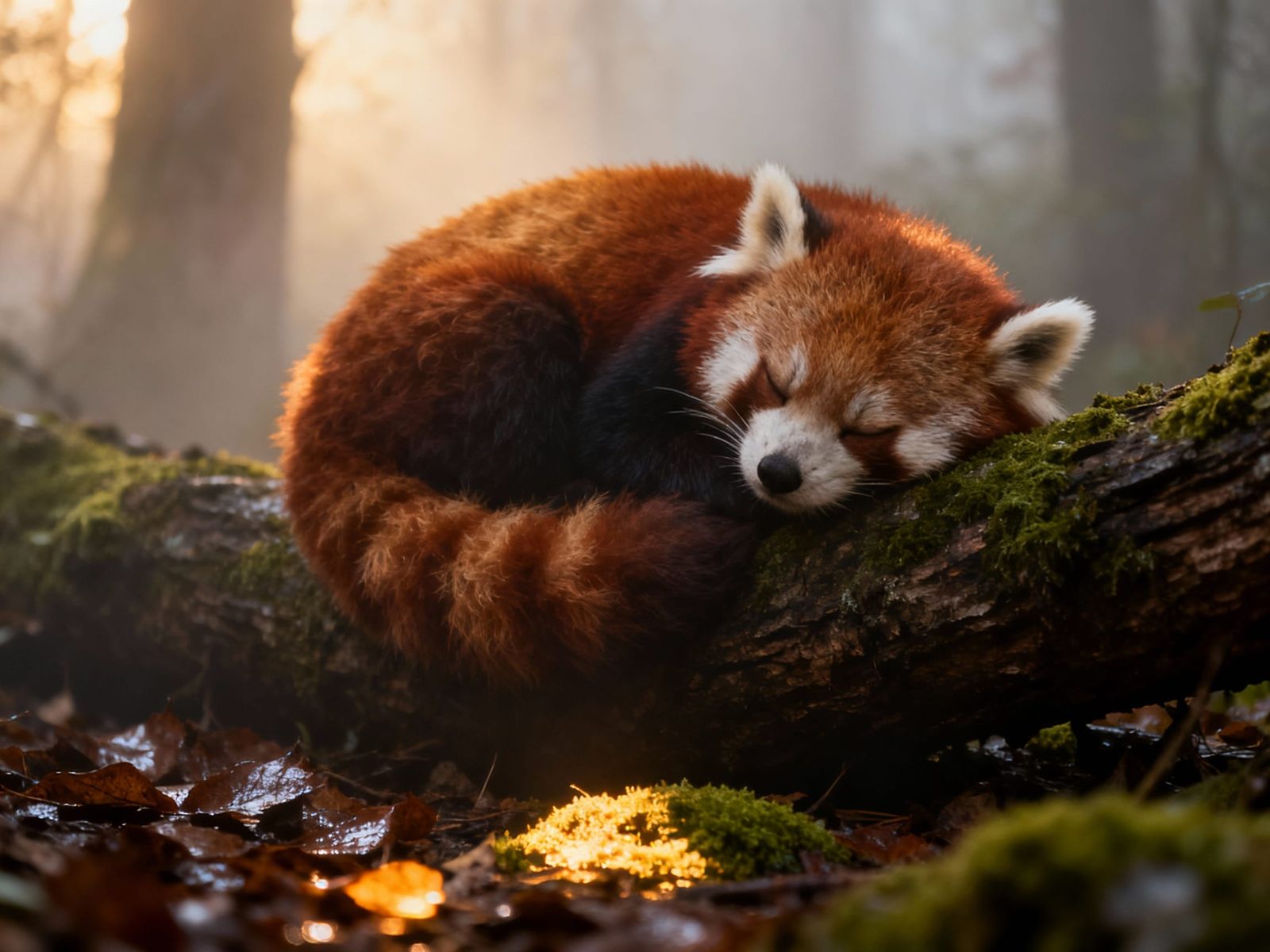 Red Panda Sleeping Peacefully in Misty Forest