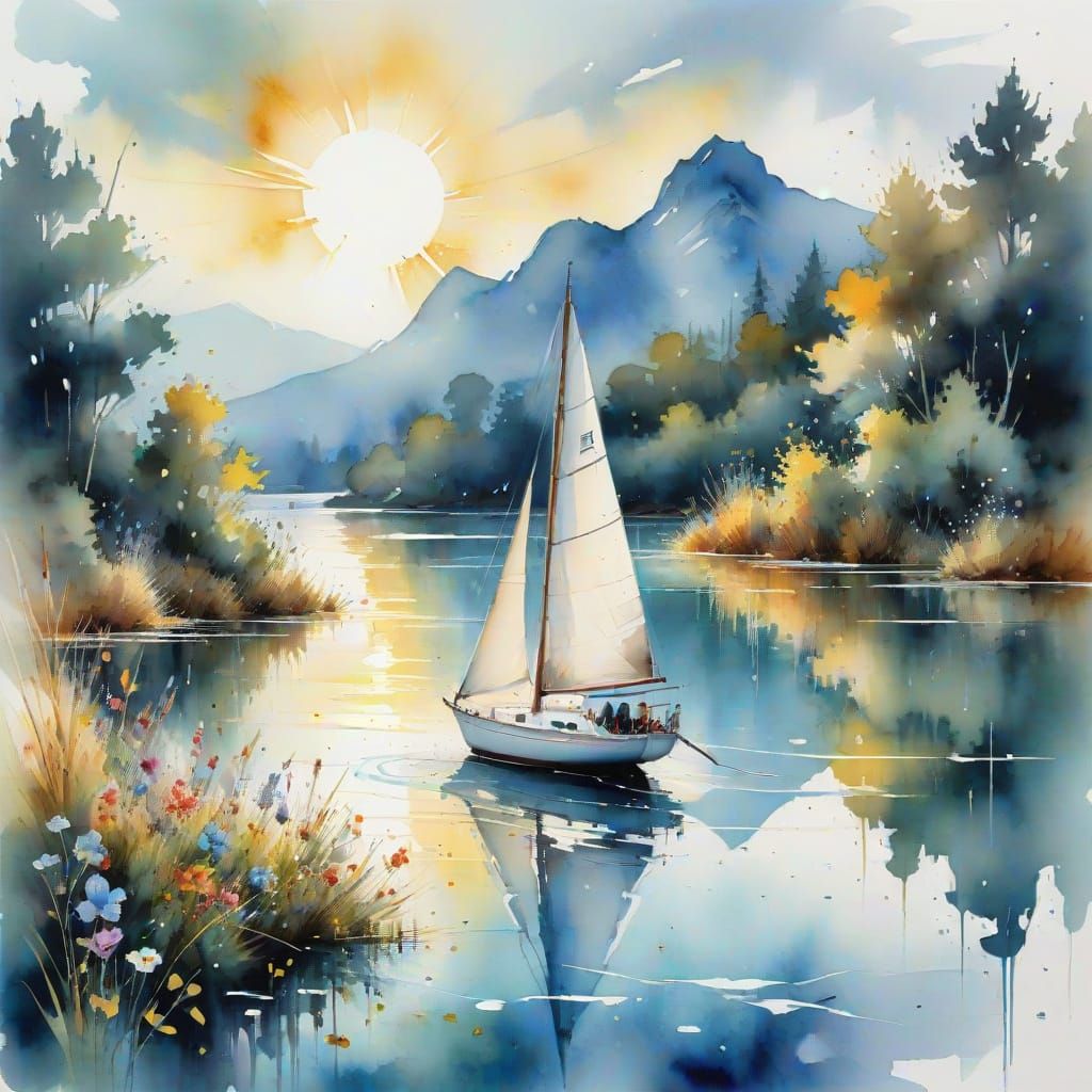 Sailing Boat on Lake in Watercolor Style