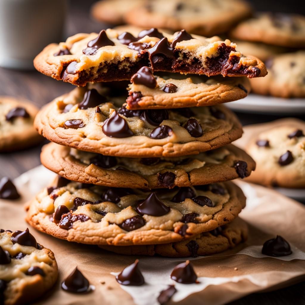 Thick gooey chocolate chip cookies stacked on a plate