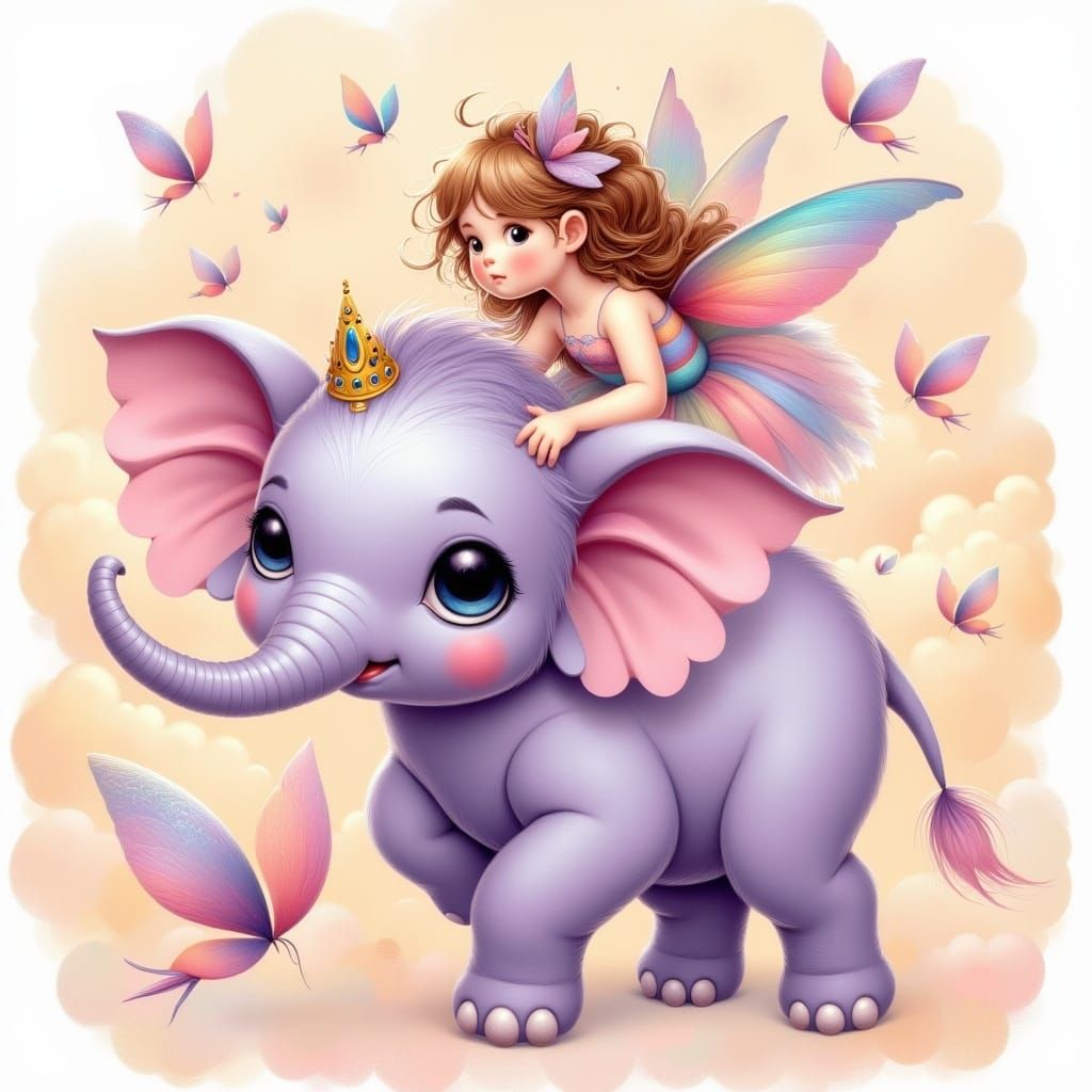 Whimsical Elephant and Pixie in Enchanted Landscape