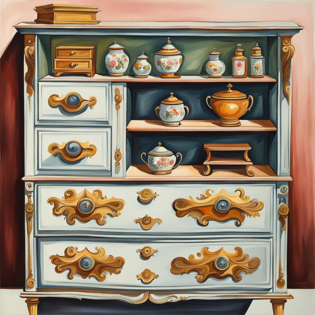 Detailed Gouache Painting of Antique Dresser
