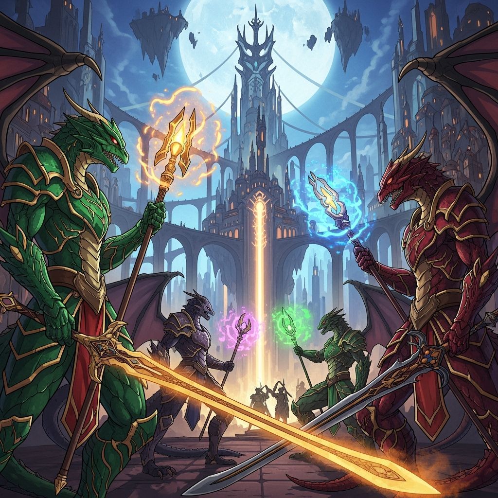 Draconic Humanoids in Opulent Manga-Style City