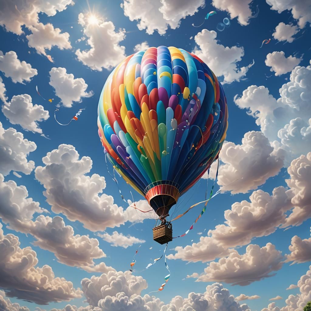 Rainbow Balloon Floating in a Blue Sky