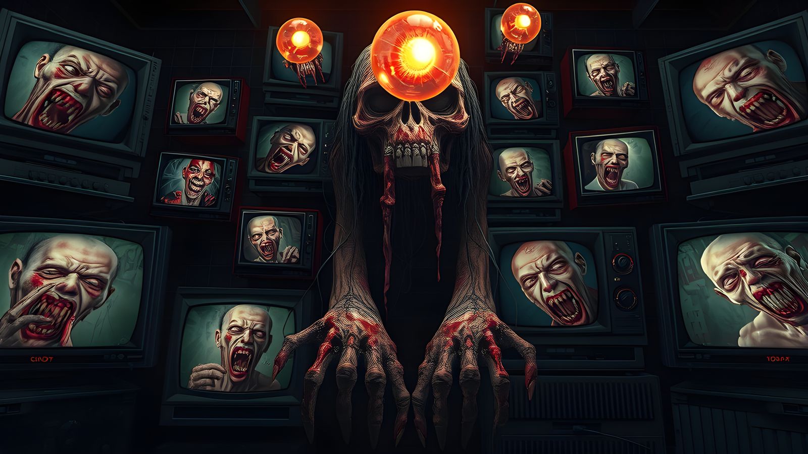 Nightmarish Visions on TV Screens in Horror Style