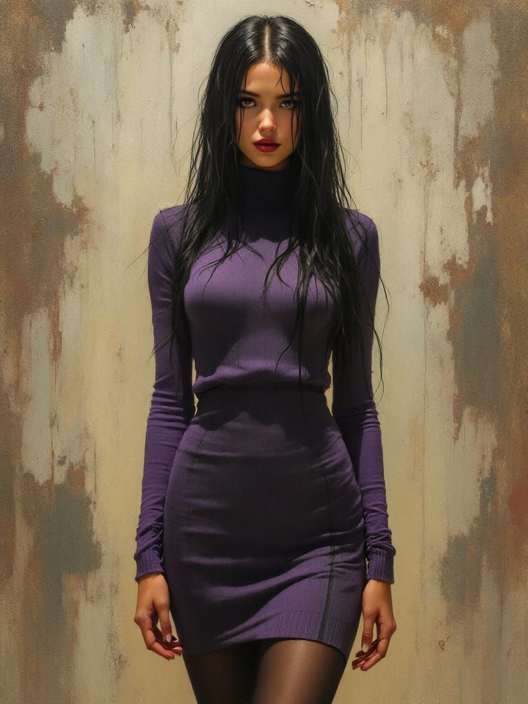 Pin-Up Woman in Autumn Sweater Dress at Dusk