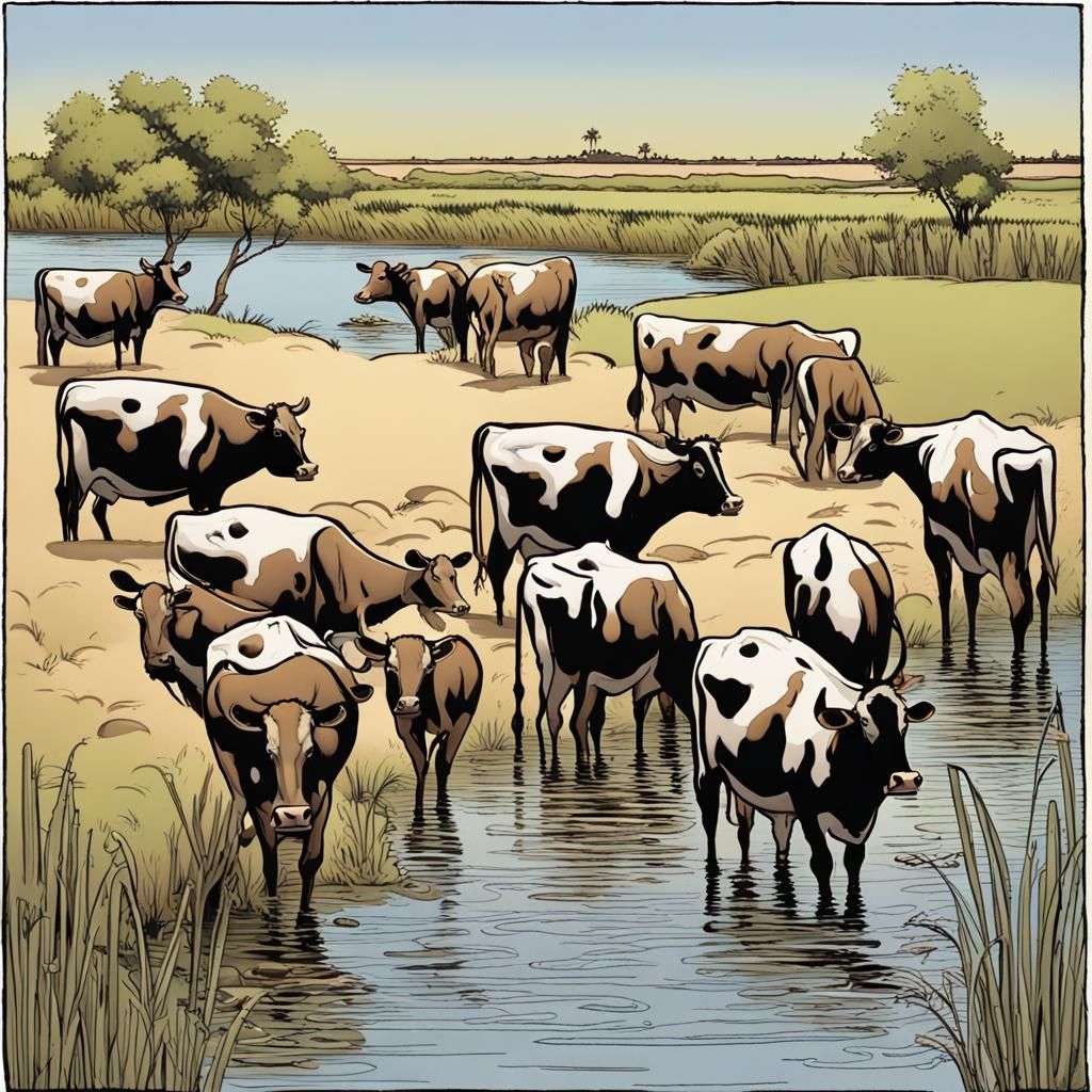 Gaunt Cows Devour Fat Cows: Dark Fantasy Art