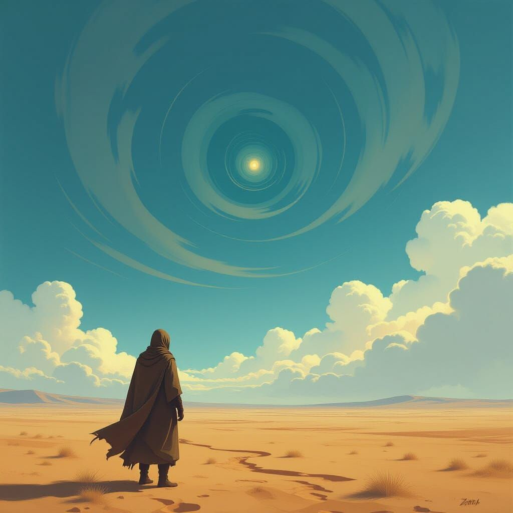 Lone Figure on Empty Plain Under Abstract Sky