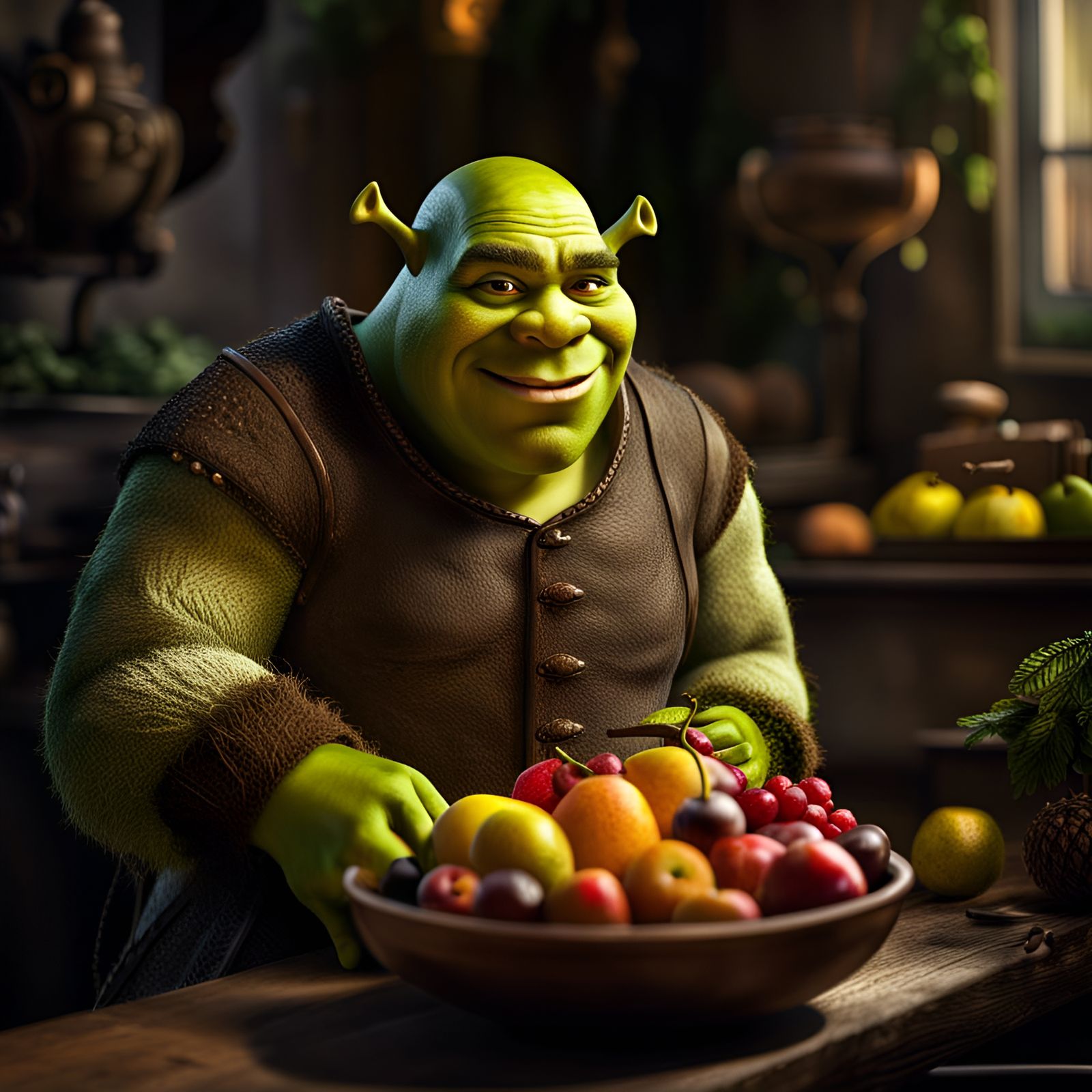 Hyperrealistic Shrek with Fruit Bowl