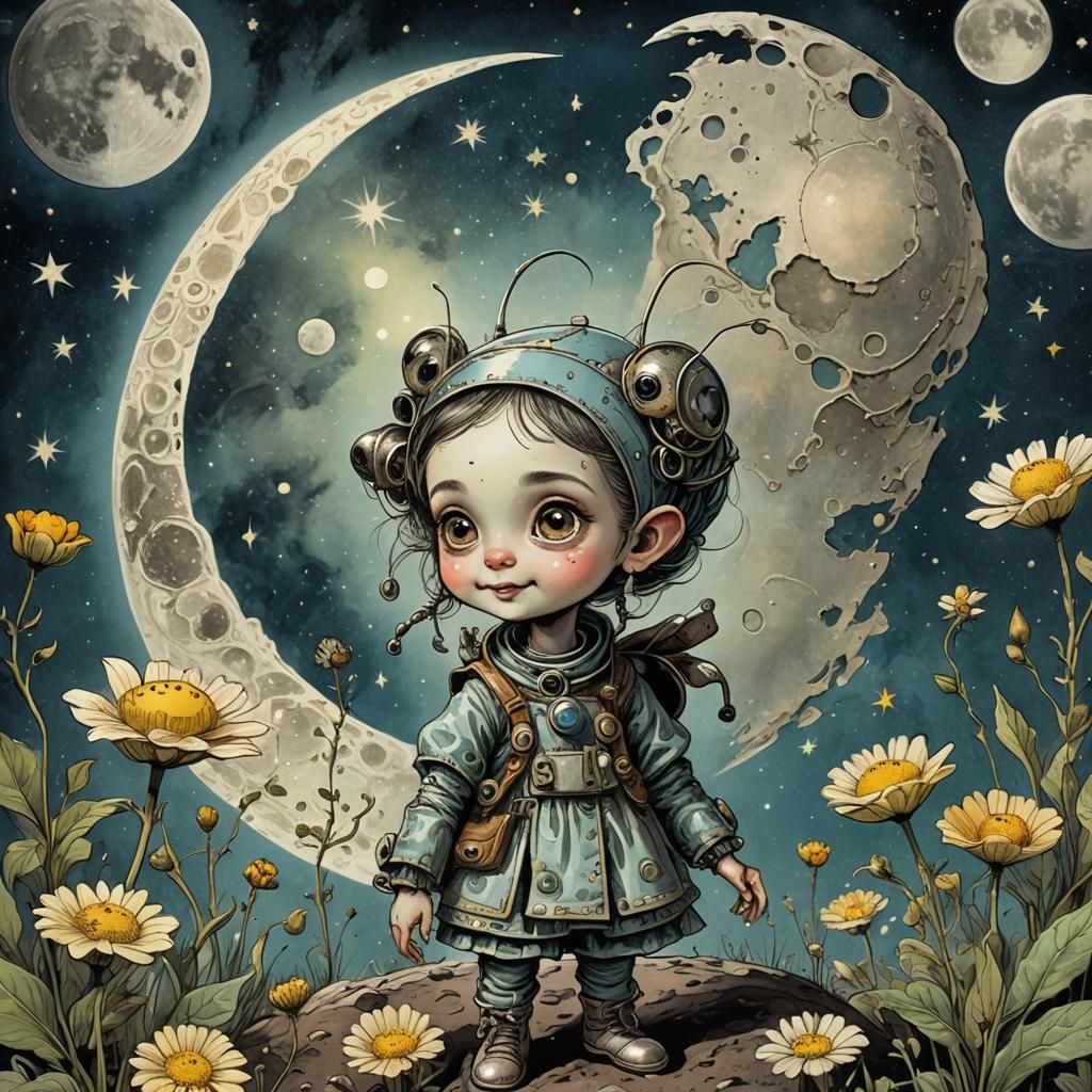 Alien Girl Picking Flowers: Vintage Illustration