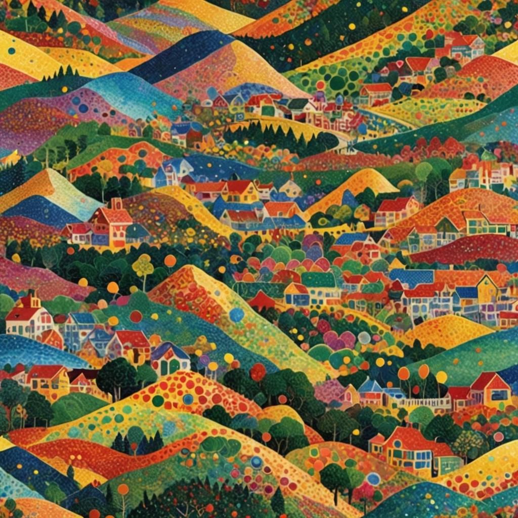 Mountain Village Sunset in Pointillism Style