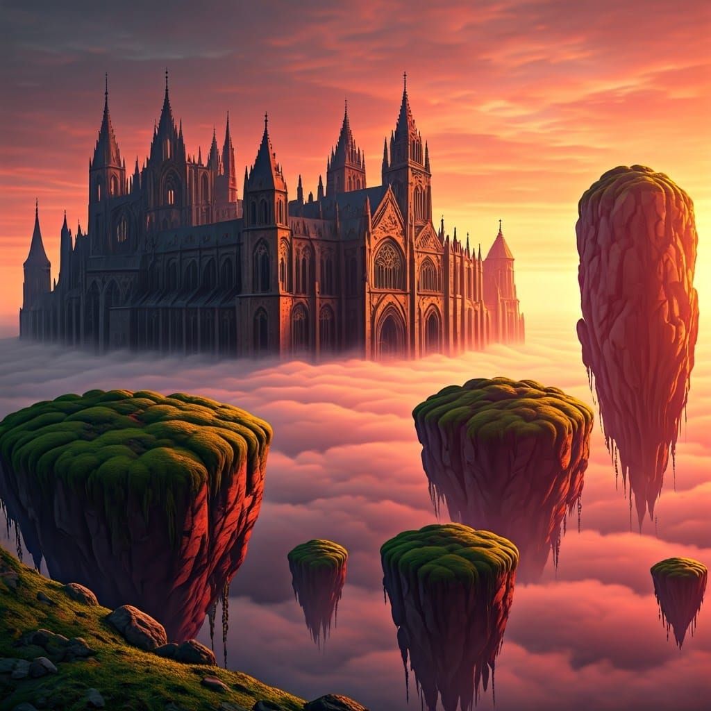 Ethereal Medieval Metropolis in Crimson Fog