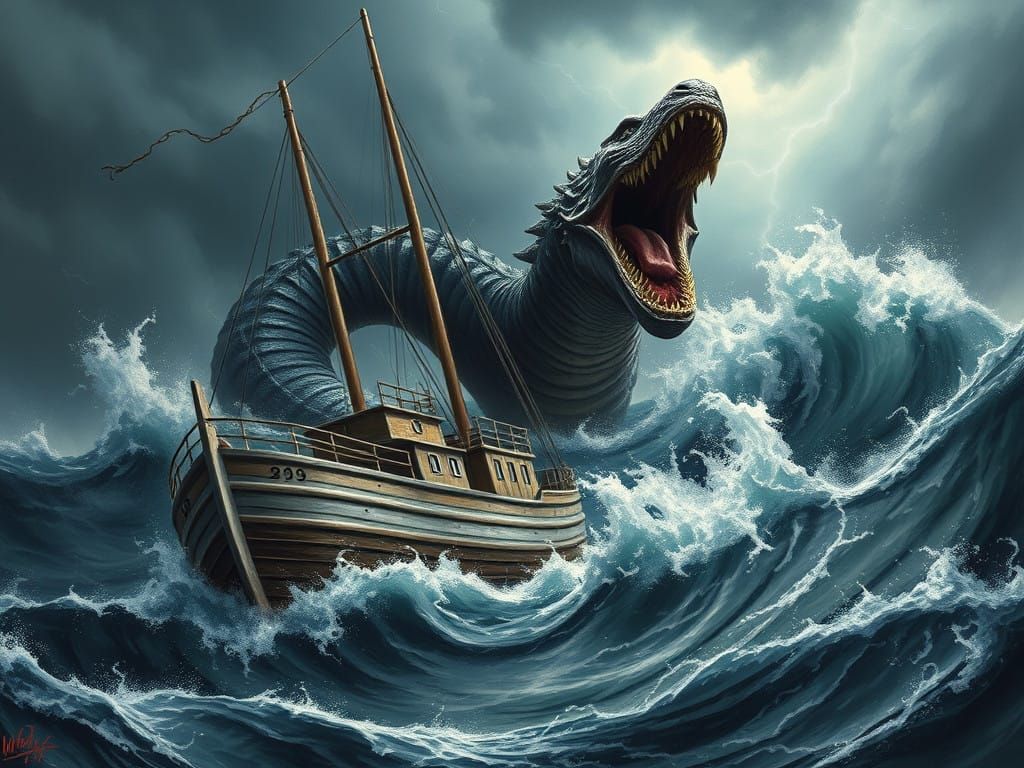 Dramatic Stormy Sea Battle between a Ship and a Massive Serp...